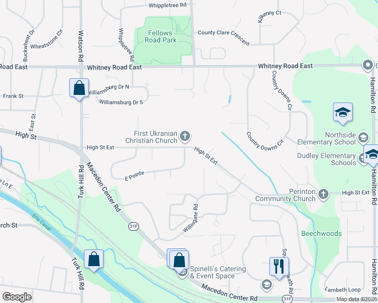 map of restaurants, bars, coffee shops, grocery stores, and more near 2 East Street in Fairport