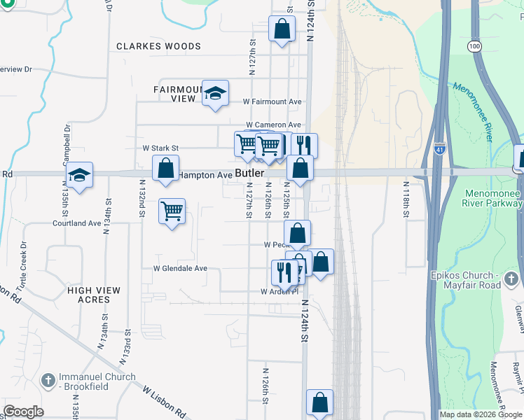 map of restaurants, bars, coffee shops, grocery stores, and more near 4690 North 126th Street in Butler