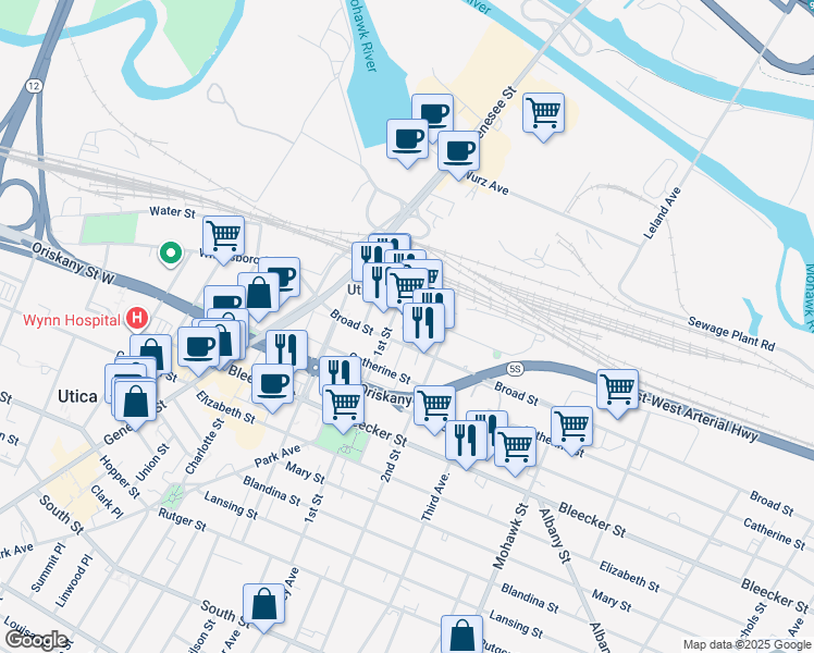 map of restaurants, bars, coffee shops, grocery stores, and more near 419 Broad Street in Utica