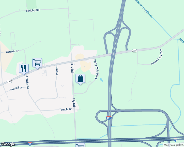 map of restaurants, bars, coffee shops, grocery stores, and more near 5001 Brittonfield Parkway in East Syracuse