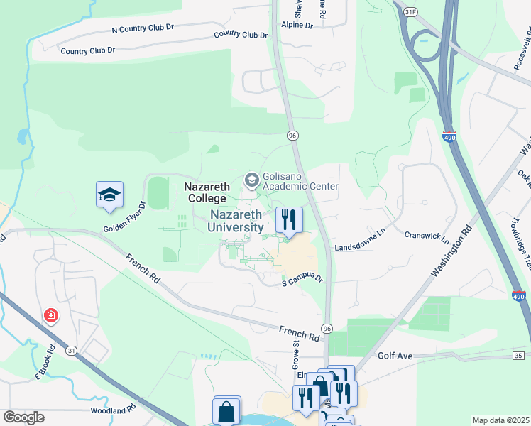 map of restaurants, bars, coffee shops, grocery stores, and more near N Campus Dr in Rochester