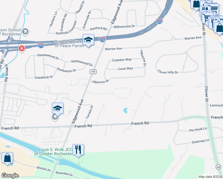 map of restaurants, bars, coffee shops, grocery stores, and more near 115 Dunrovin Lane in Rochester