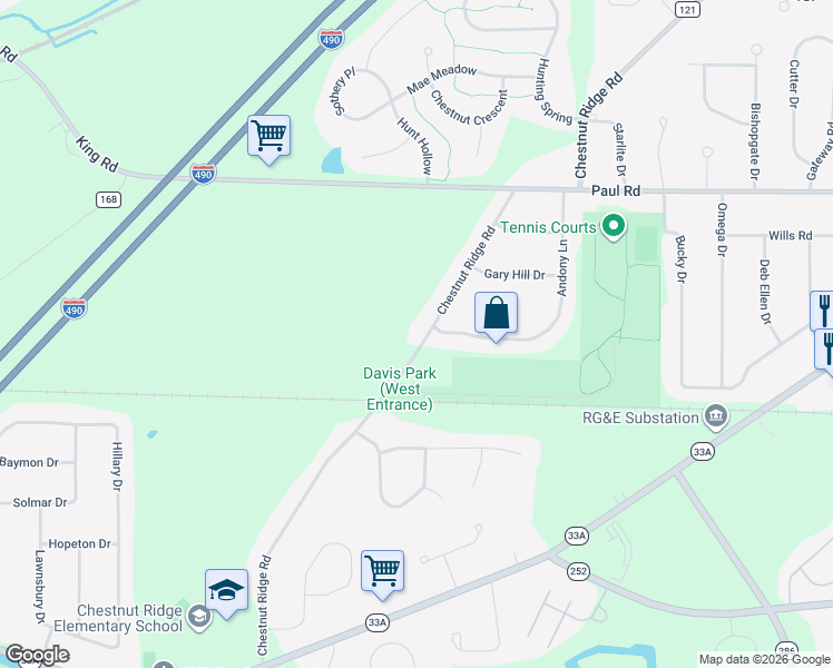 map of restaurants, bars, coffee shops, grocery stores, and more near 520 Chestnut Ridge Road in Rochester
