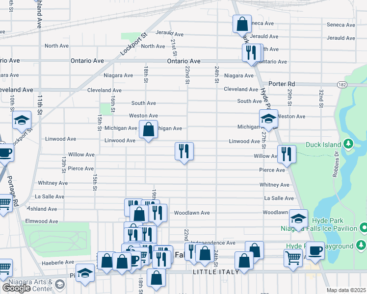 map of restaurants, bars, coffee shops, grocery stores, and more near 1883 Willow Avenue in Niagara Falls
