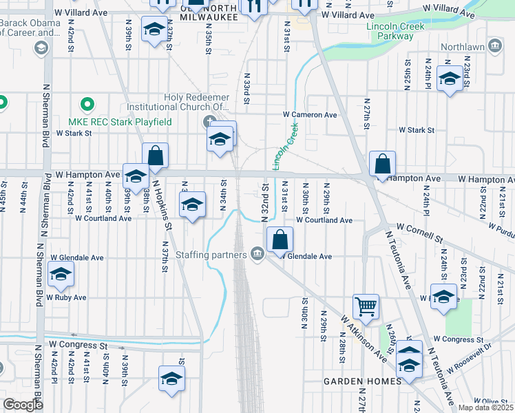 map of restaurants, bars, coffee shops, grocery stores, and more near 4705 North 32nd Street in Milwaukee