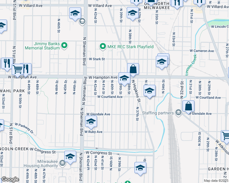 map of restaurants, bars, coffee shops, grocery stores, and more near 4677 North 40th Street in Milwaukee