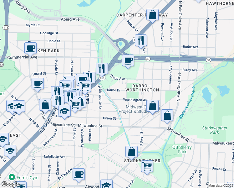 map of restaurants, bars, coffee shops, grocery stores, and more near 3023 Worthington Avenue in Madison