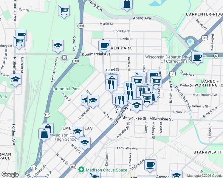 map of restaurants, bars, coffee shops, grocery stores, and more near in Madison