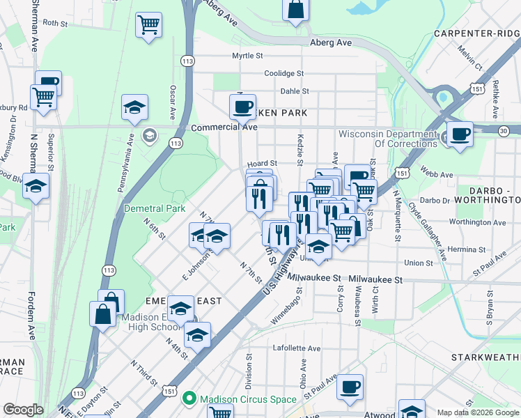map of restaurants, bars, coffee shops, grocery stores, and more near 2557 East Johnson Street in Madison