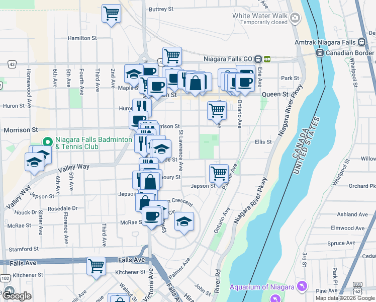 map of restaurants, bars, coffee shops, grocery stores, and more near 4903 Flynn Court in Niagara Falls