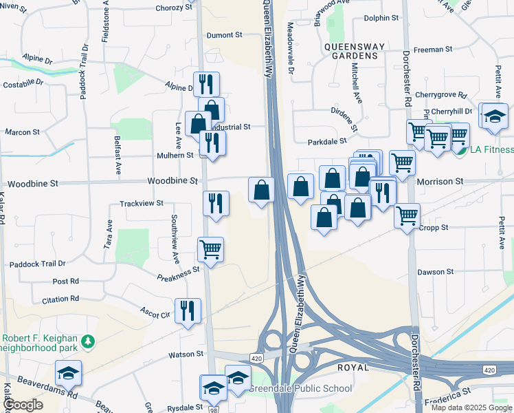 map of restaurants, bars, coffee shops, grocery stores, and more near 4847 Kent Avenue in Niagara Falls