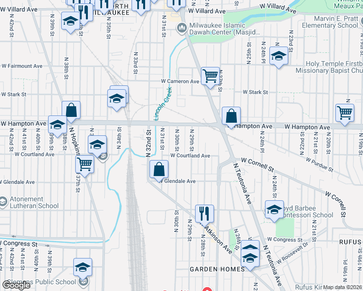 map of restaurants, bars, coffee shops, grocery stores, and more near 4669 North 29th Street in Milwaukee