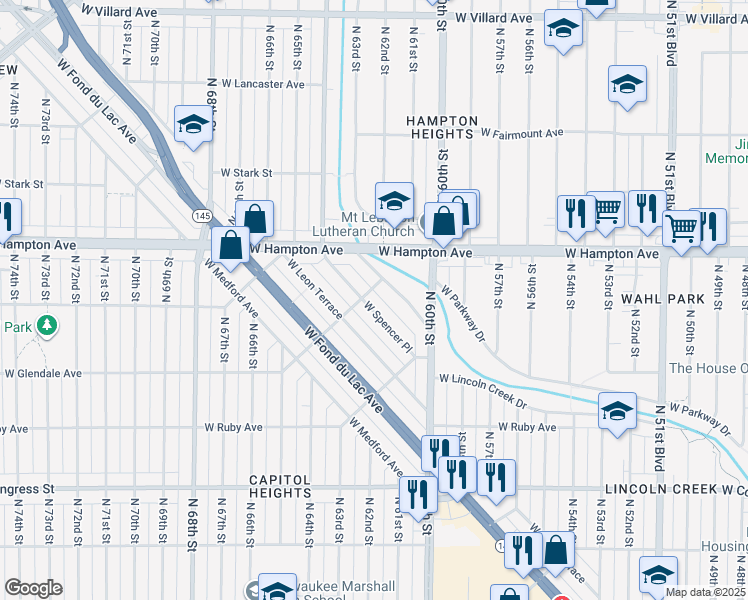 map of restaurants, bars, coffee shops, grocery stores, and more near 6132 West Spencer Place in Milwaukee