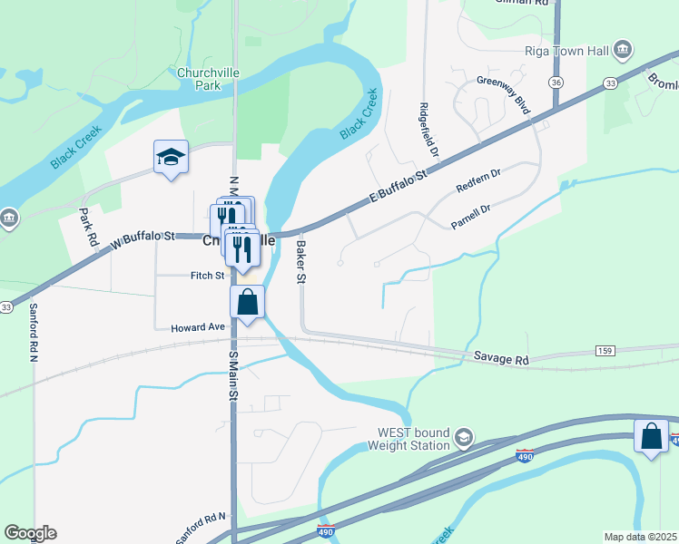 map of restaurants, bars, coffee shops, grocery stores, and more near 2 Parnell Drive in Churchville