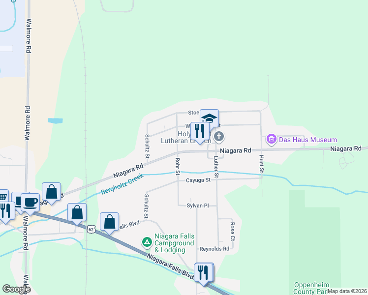 map of restaurants, bars, coffee shops, grocery stores, and more near 2449 Niagara Road in Niagara Falls