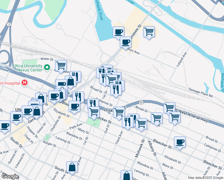 map of restaurants, bars, coffee shops, grocery stores, and more near 419 Broad Street in Utica