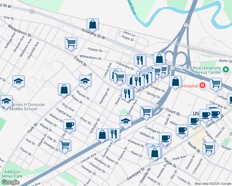 map of restaurants, bars, coffee shops, grocery stores, and more near 925 Schuyler Street in Utica