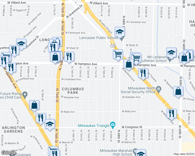 map of restaurants, bars, coffee shops, grocery stores, and more near 4712 North 71st Street in Milwaukee