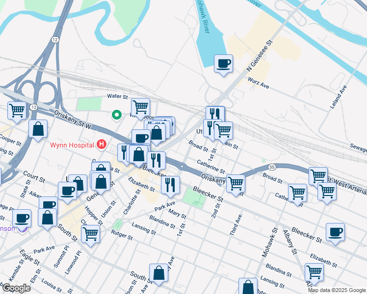 map of restaurants, bars, coffee shops, grocery stores, and more near 10 Broad Street in Utica