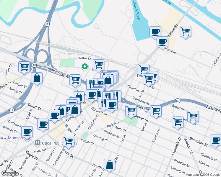 map of restaurants, bars, coffee shops, grocery stores, and more near 88 Jay Street in Utica