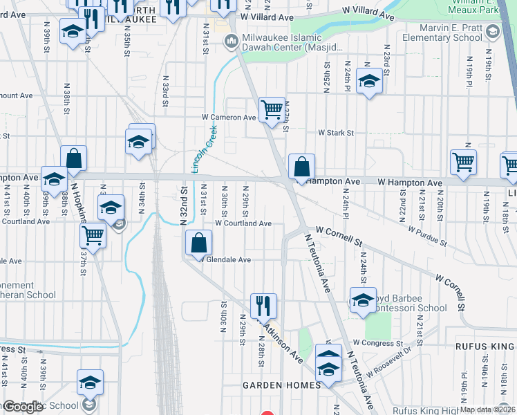 map of restaurants, bars, coffee shops, grocery stores, and more near 4669 North 28th Street in Milwaukee