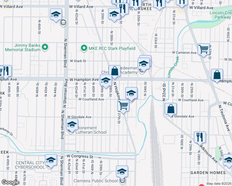 map of restaurants, bars, coffee shops, grocery stores, and more near 4676 North 38th Street in Milwaukee