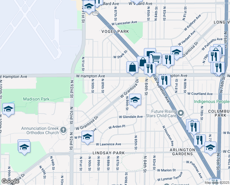 map of restaurants, bars, coffee shops, grocery stores, and more near 8644 West Grantosa Drive in Milwaukee