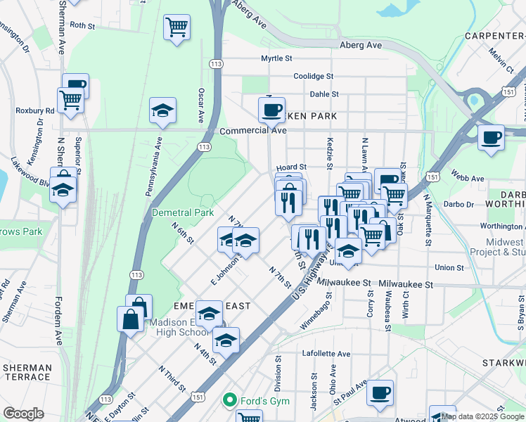 map of restaurants, bars, coffee shops, grocery stores, and more near 2518 East Johnson Street in Madison