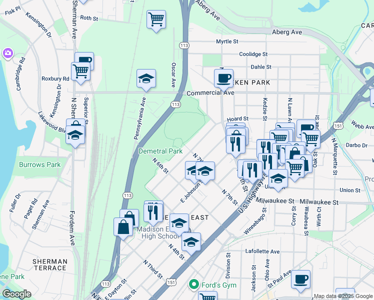 map of restaurants, bars, coffee shops, grocery stores, and more near 2454 Upham Street in Madison
