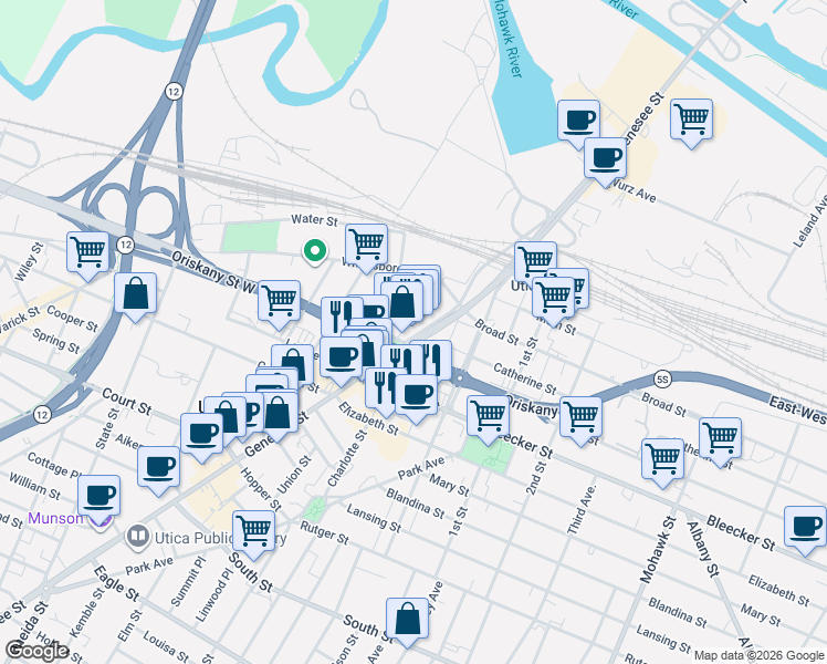 map of restaurants, bars, coffee shops, grocery stores, and more near Jay Street in Utica