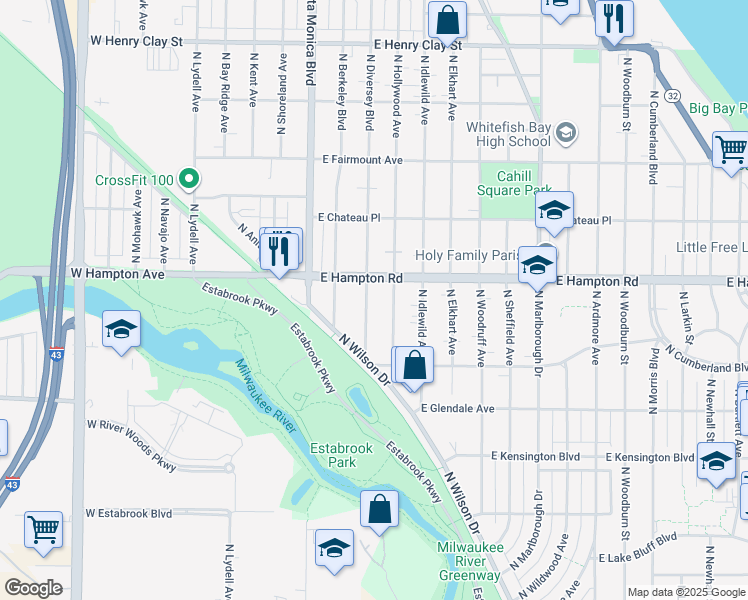 map of restaurants, bars, coffee shops, grocery stores, and more near 4776 North Diversey Boulevard in Whitefish Bay