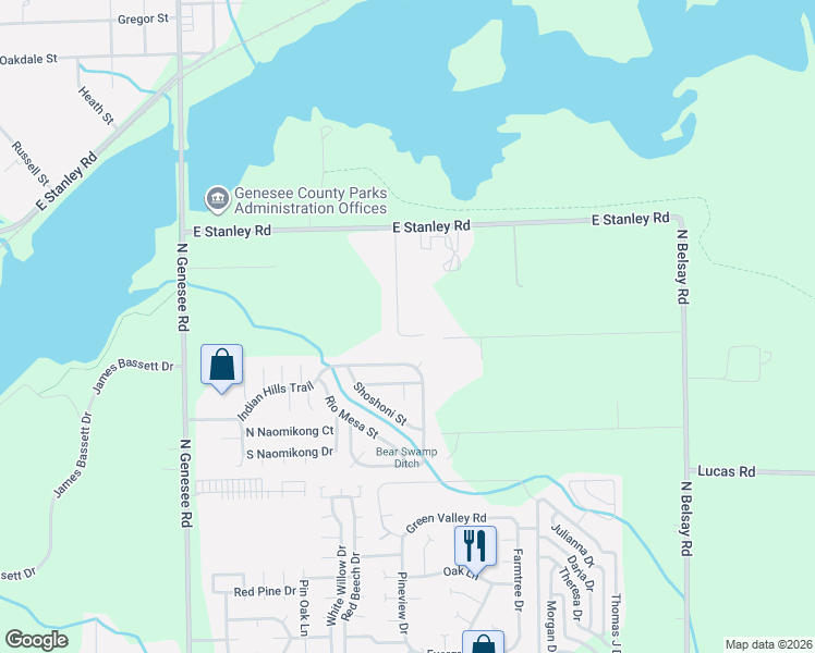 map of restaurants, bars, coffee shops, grocery stores, and more near 6454 Oxbow Lane in Flint