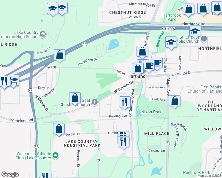 map of restaurants, bars, coffee shops, grocery stores, and more near 252-256 W Capitol Dr in Hartland