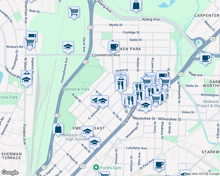 map of restaurants, bars, coffee shops, grocery stores, and more near 2541 Upham Street in Madison