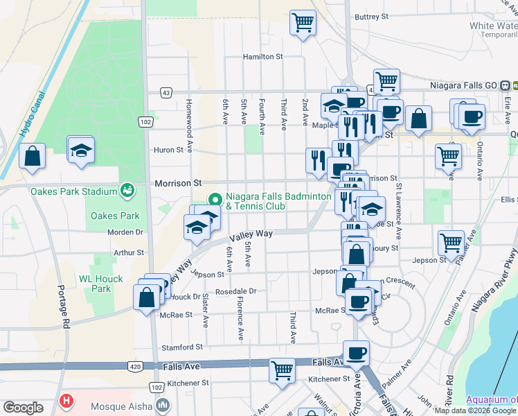 map of restaurants, bars, coffee shops, grocery stores, and more near 5113 Willmott Street in Niagara Falls