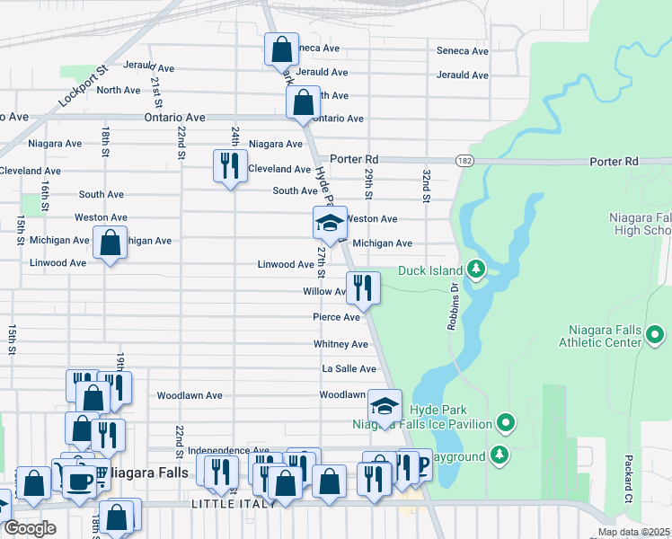 map of restaurants, bars, coffee shops, grocery stores, and more near 2715 Linwood Avenue in Niagara Falls