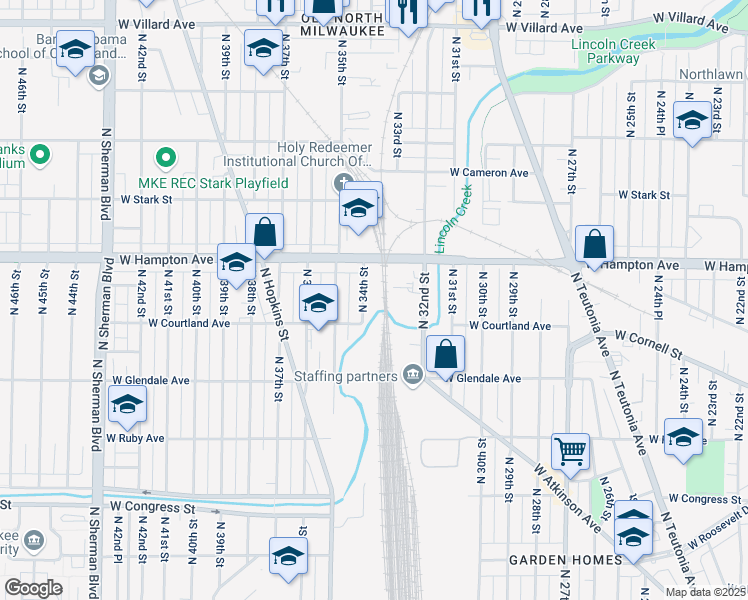 map of restaurants, bars, coffee shops, grocery stores, and more near 4700 North 34th Street in Milwaukee