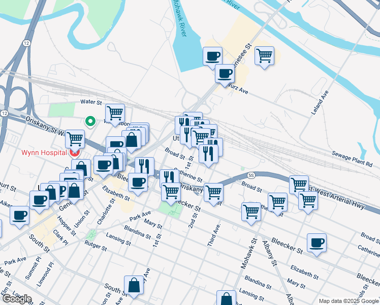 map of restaurants, bars, coffee shops, grocery stores, and more near 321 Main Street in Utica