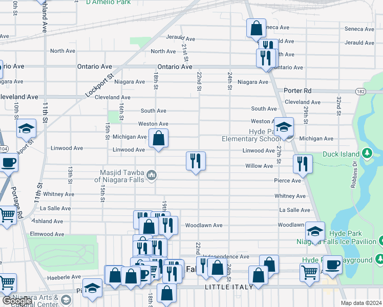 map of restaurants, bars, coffee shops, grocery stores, and more near 1885 Michigan Avenue in Niagara Falls
