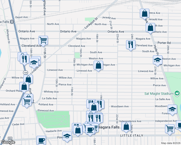 map of restaurants, bars, coffee shops, grocery stores, and more near 1639 Michigan Avenue in Niagara Falls