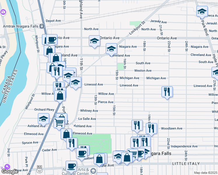 map of restaurants, bars, coffee shops, grocery stores, and more near 1330 Linwood Avenue in Niagara Falls