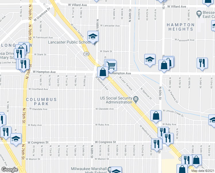 map of restaurants, bars, coffee shops, grocery stores, and more near 6627 West Fond Du Lac Avenue in Milwaukee