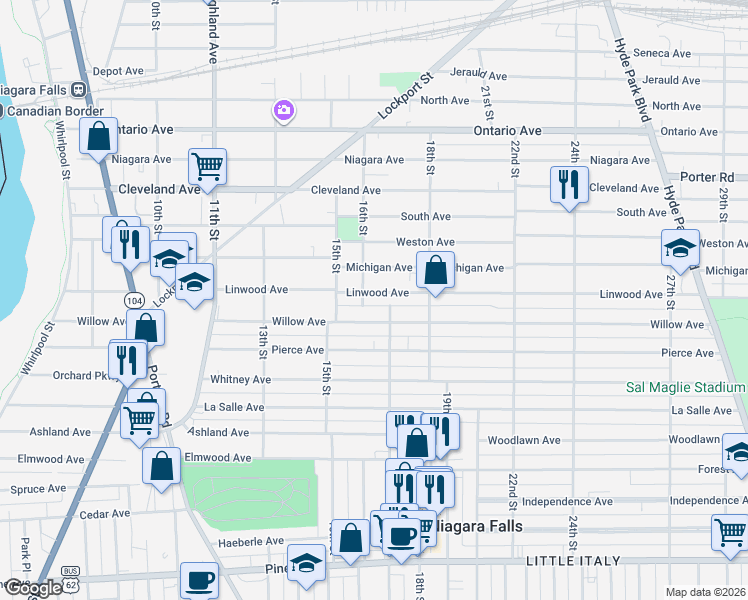 map of restaurants, bars, coffee shops, grocery stores, and more near 1607 16th Street in Niagara Falls
