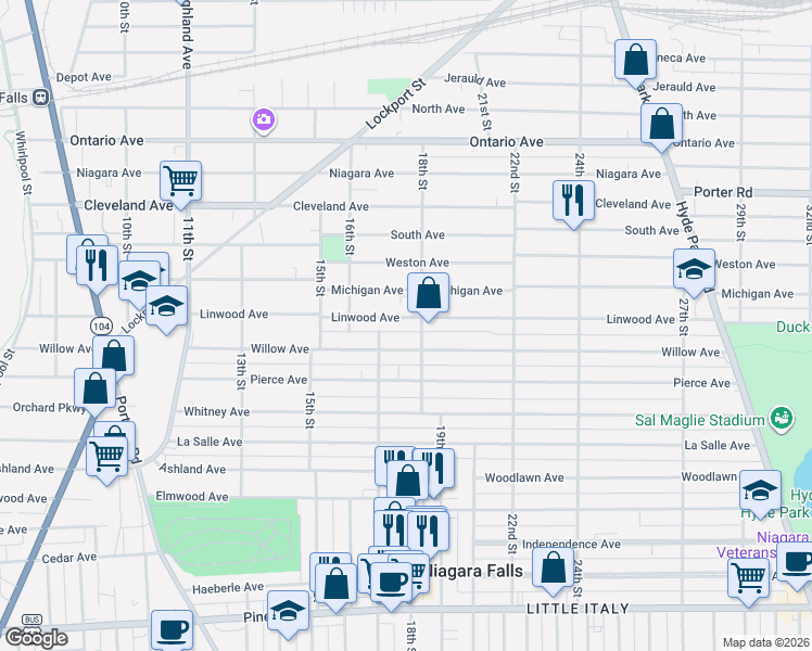 map of restaurants, bars, coffee shops, grocery stores, and more near 1639 Michigan Avenue in Niagara Falls
