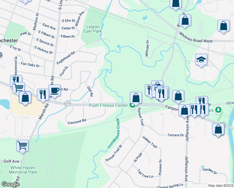 map of restaurants, bars, coffee shops, grocery stores, and more near 1100 Fairport Road in Fairport