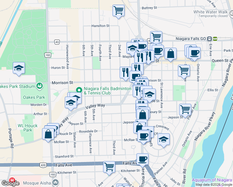 map of restaurants, bars, coffee shops, grocery stores, and more near 4981 Willmott Street in Niagara Falls