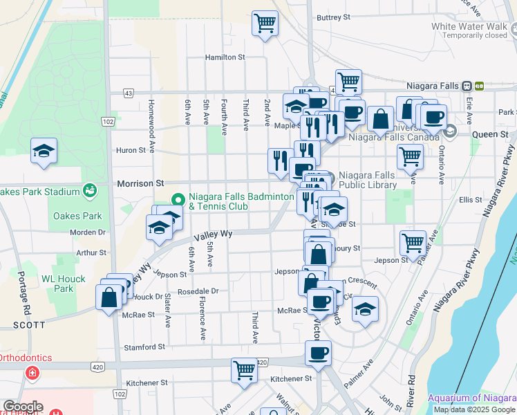 map of restaurants, bars, coffee shops, grocery stores, and more near 4989 Willmott Street in Niagara Falls