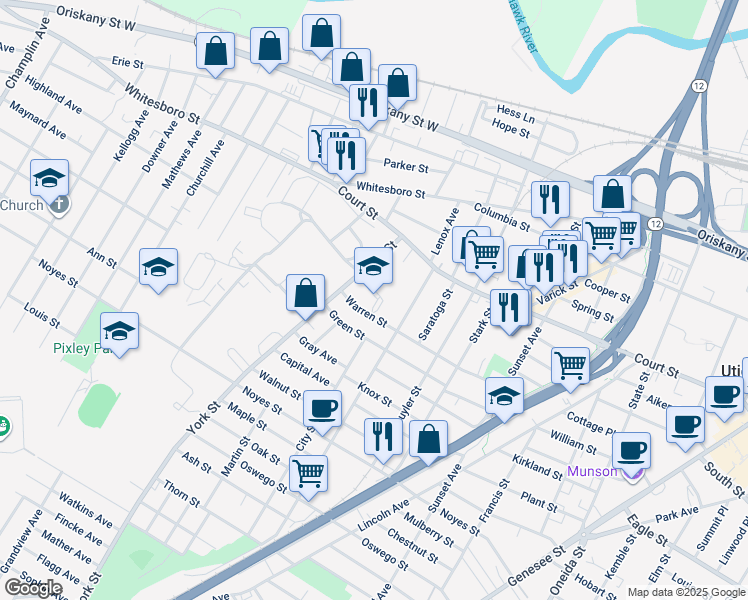 map of restaurants, bars, coffee shops, grocery stores, and more near 929 York Street in Utica