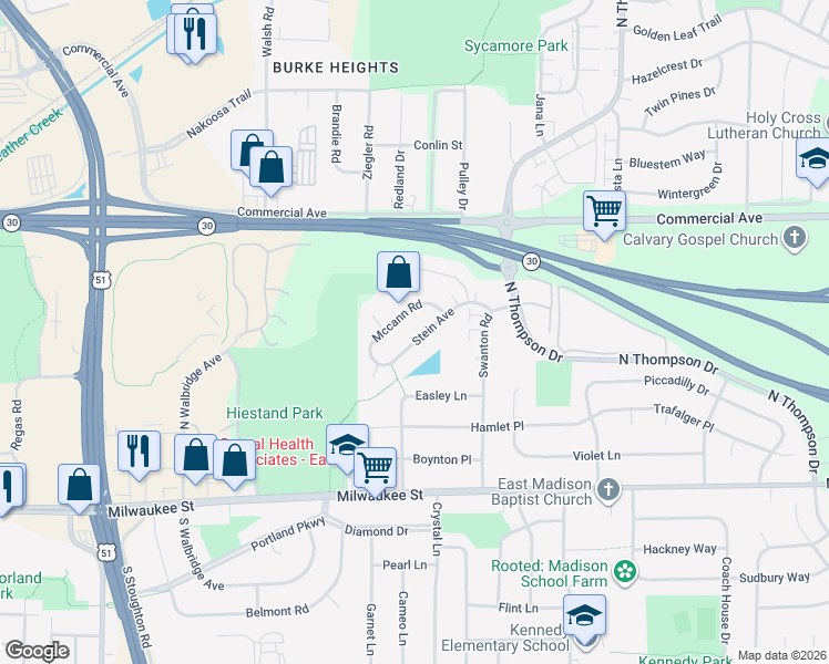 map of restaurants, bars, coffee shops, grocery stores, and more near 4557 Mccann Road in Madison