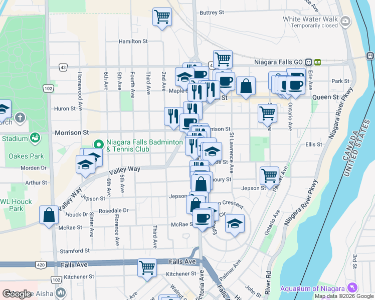 map of restaurants, bars, coffee shops, grocery stores, and more near 4849 Willmott Street in Niagara Falls